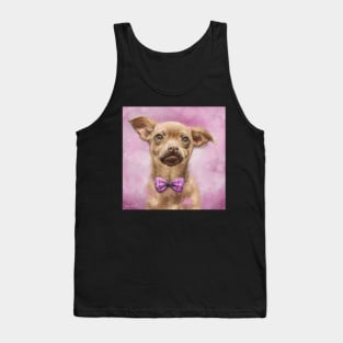 Painting of Cute Brown and Chihuahua With a Bowtie on Pink Background Tank Top